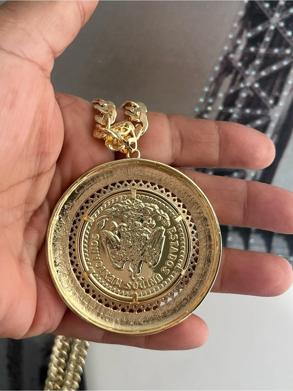 Gold-Tone 50 Pesos Medallion Necklace with Multicolor Stone Halo